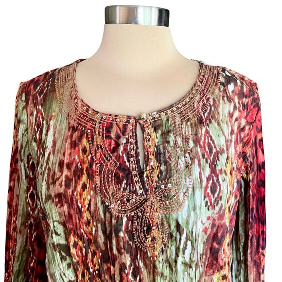 Rebecca Malone Multiprint Snake Tie Dye Crinkle Sequin Top MED Forest Fairy Boho - Picture 3 of 9